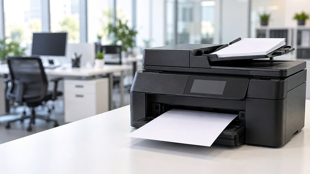 Multifunction printer producing a document in a modern office, representing workplace technology, business printing, document management, administration and everyday office tasks.