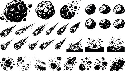 Asteroid, Meteor and Meteorite Impact Silhouette Vector Set of 31 with Comets and Space Debris    © MirzaAsmaul