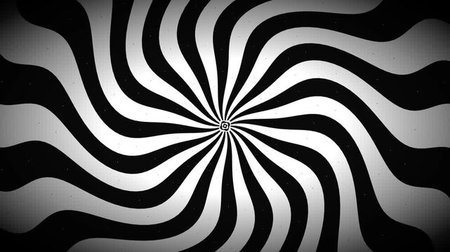 Black and white rotating sunburst creates hypnotic patterns. retro swirling spiral motion pulses with classic style.
