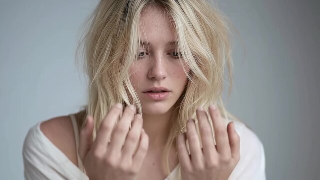 Young woman Staring at one's own hands with a look of complete disassociation.