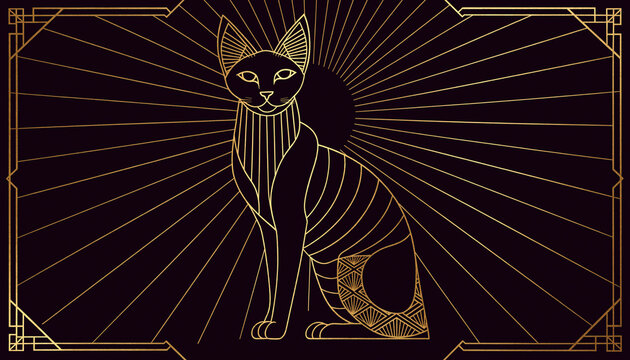 Ethereal Egyptian Cat God: An elegant, stylized illustration of a cat, reminiscent of ancient Egyptian art, sits regally against a dark background, radiating an aura of mystery and divinity.