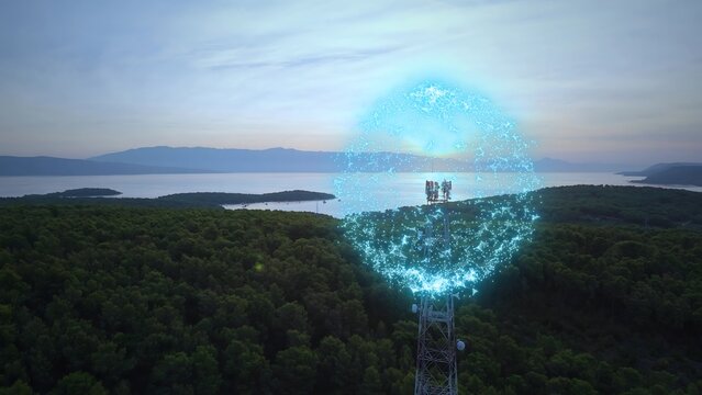 Aerial view of Telecom Tower Wireless Coverage and Radio Signal Propagation. Graphic
