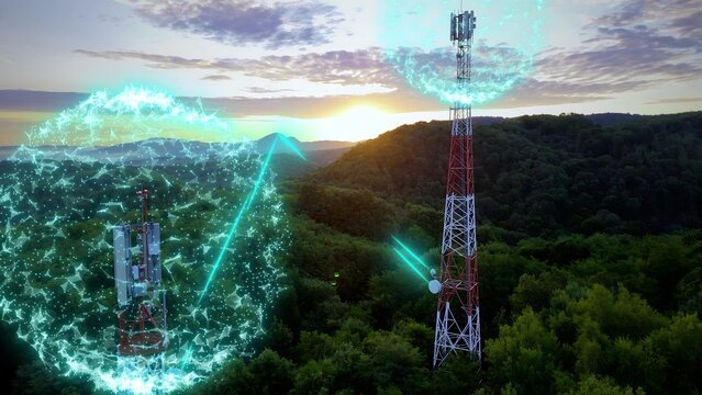 Aerial view of 5G and 6G telecom tower network connectivity. Graphic visualization of wireless coverage, data transmission and digital infrastructure