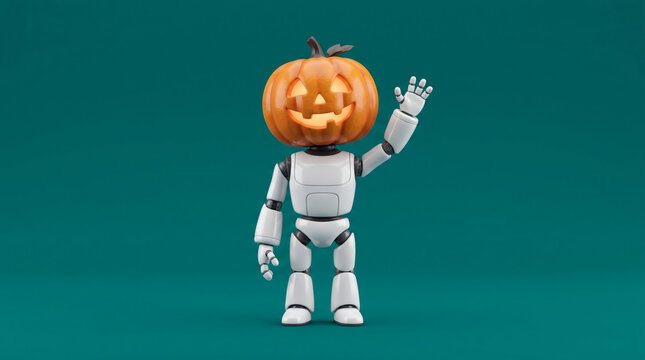 Cute 3D robot with jack-o'-lantern pumpkin head waving on teal background, Halloween AI technology character