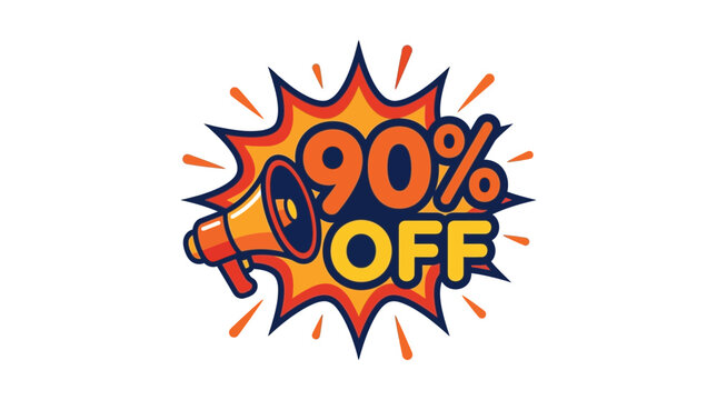 Colorful ninety percent discount sale burst with megaphone icon.
