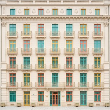 Elegant white apartment building facade with repeating balconies and windows