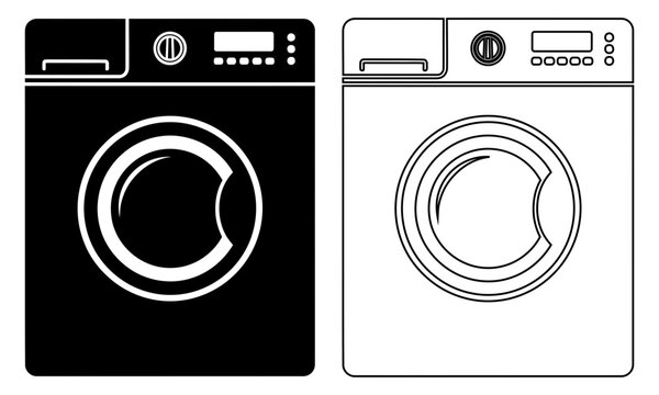 Modern washing machine illustration in black and white with detailed control panel