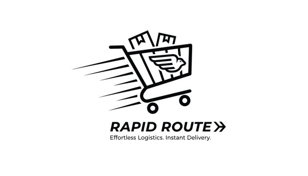 Professional commercial logistics logo design featuring a fast flying shopping cart with wings on a white background.