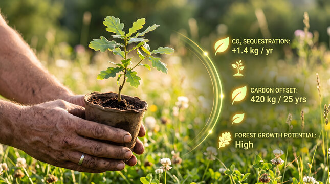 Gardener hands holding young green oak tree sapling in peat pot in sunny meadow with digital augmented reality infographic data for carbon offset reforestation and environmental conservation