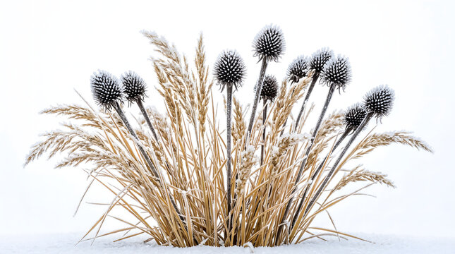 Echinops globe thistle seed heads and ornamental dry grass plumes covered in delicate white winter hoarfrost ice frost isolated on pure white background for seasonal botanical banner layout