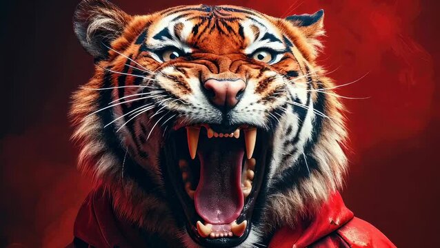Tiger wearing red hoodie roaring in intensity. Powerful athlete mascot showing strength and competition spirit. Strong predatory animal symbol for sports motivation.