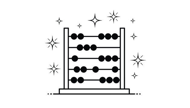 Ancient abacus mathematical calculator line art icon surrounded by sparkling stars representing counting.