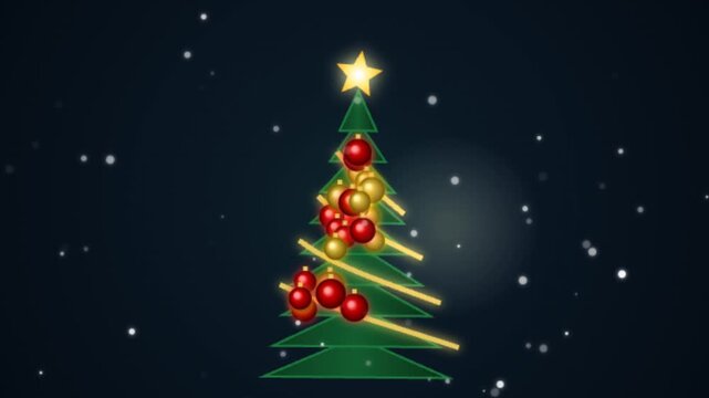 Animated christmas tree with glowing ornaments and falling snow background, holiday animation motion festive