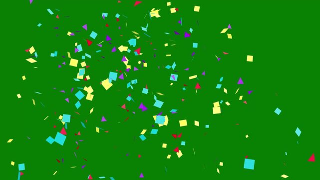 Party confetti particles dropping and scattering dynamically on green screen chroma key background for easy compositing