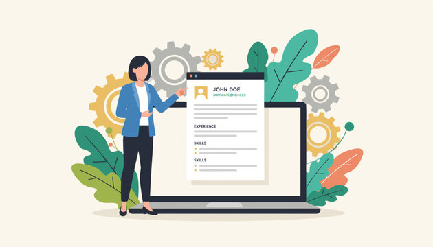 Female professional presenting a digital resume document on a laptop screen against decorative autumn leaves.
