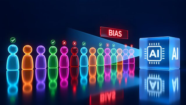 Artificial intelligence system scanning human avatars showing algorithmic bias and discrimination with approval marks conceptualizing unfair digital selection.