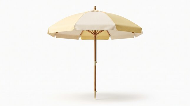 Vintage yellow beach umbrella on white background, classic wooden patio parasol isolated, sun protection sunshade for summer vacation design