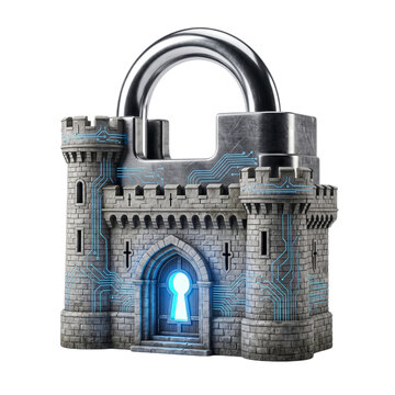 Medieval castle padlock with digital security glowing circuitry lines cyber security data protection network security information technology