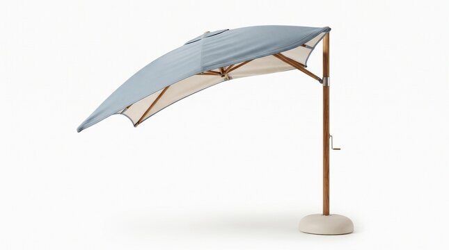 Blue modern patio cantilever umbrella with wooden frame, outdoor sunshade parasol isolated on white background, backyard garden shade furniture