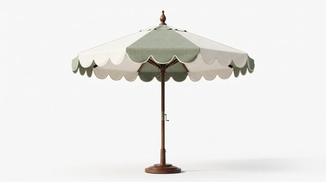 Vintage patio umbrella isolated on white background, classic striped outdoor parasol, sage green white garden sunshade for resort pool deck