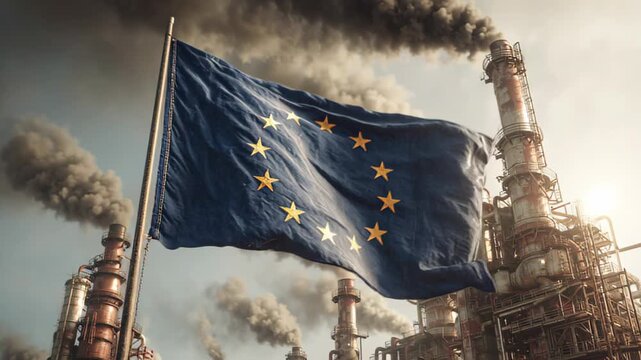 EU flag waving near industrial site with smoke rising in the air