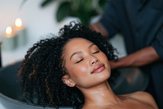 Closeup of woman enjoying hair wash at salon sink for spa and salon banner background and luxury treatment advertising