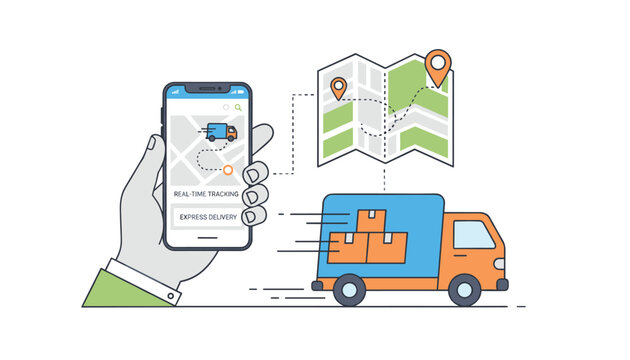 smart delivery service concept showing online package tracking on phone map next to cargo truck carrying boxes.