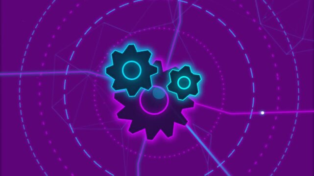 Neon digital gear mechanism animation: futuristic technology concept with rotating cogs and data network connections