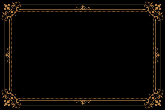 Elegant Luxury Gold Swirl Frame Border on Black Background. Design print for greeting cards, wedding invitations, restaurant menu, royal certificates. Set 16