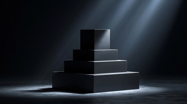 Black cubic pyramid podium illuminated by dramatic spotlight rays in dark studio product presentation background