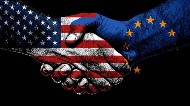 Hands join together showing American and European flags to symbolize partnership and unity between the regions