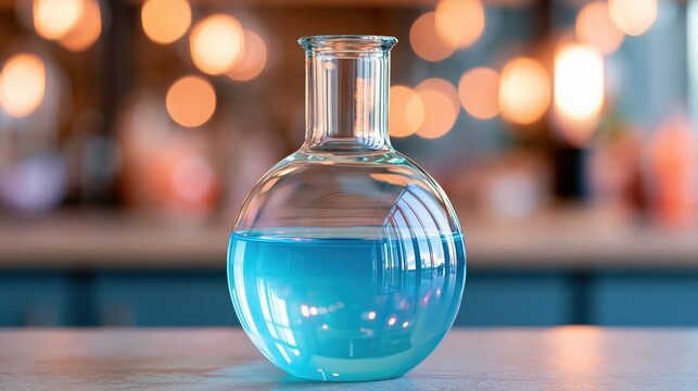 Round bottom flask filled with vibrant blue liquid sits on a textured surface.