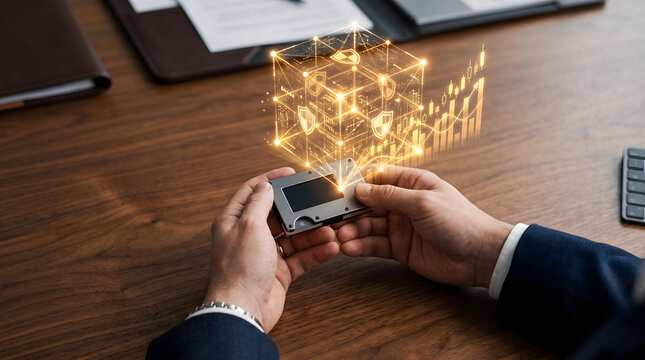 Businessman hands holding crypto hardware wallet cold storage device projecting glowing holographic blockchain cube with cybersecurity locks and market charts on corporate wooden office desk