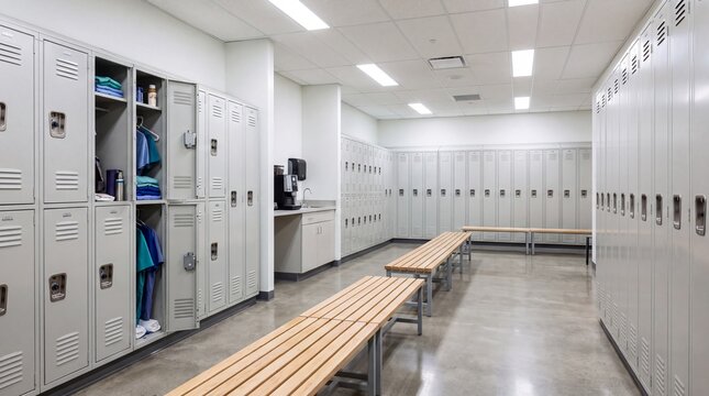 Modern hospital locker room with grey metal lockers, wooden benches in medical changing area, clean interior background