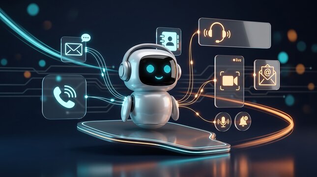 Cute small robot wearing headset representing customer support artificial intelligence concept with floating digital icons for email phone call and video chat in futuristic setting