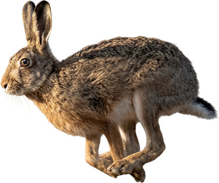 A dynamic wild hare or rabbit running fast with long ears and textured brown fur against black background, wild mammal and nature concept illustration