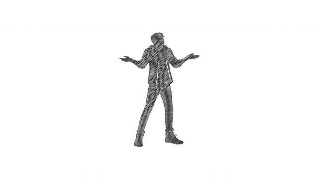 Hand drawn man sketch shrugging animation on white background