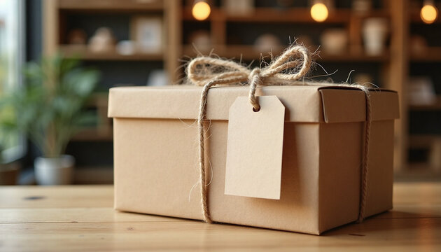 Close up of a crafted cardboard gift box tied with natural jute twine string and an empty blank tag on a wooden table. Delivery and present concept