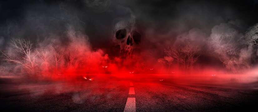 Skull In Fog - Dark Red Halloween Background - Death On The Asphalt - Real Mist On Black