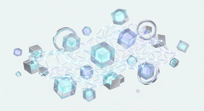 ​タイトル（英語）:
Sleek 3D render of a futuristic glass cloud computing icon with integrated glowing circuit boards and flowing streams of data packets and binary code, isolated on white background.
