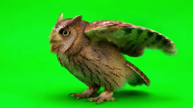 Scops owl bird moving on green screen
