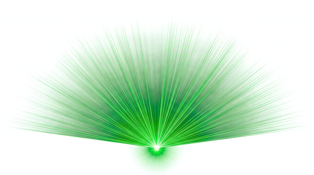 Bright green laser beam burst fanning upwards in semicircular radial rays isolated on clean white background creating futuristic nightclub stage lighting effect or optical laser show banner