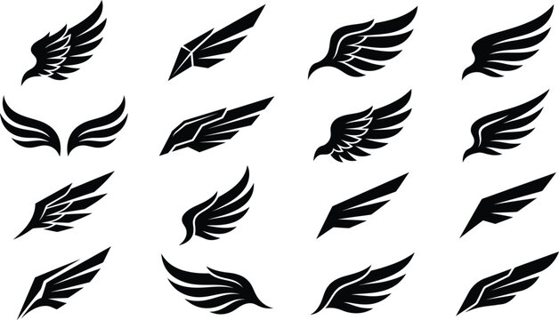 Black wing silhouettes set, stylized bird and angel wing icons vector collection, heraldic feather wings for logo and tattoo design