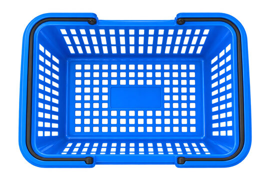 Overhead view of a vibrant blue plastic shopping basket on png, shopping basket, blue basket, plastic basket, store basket, supermarket basket, shopping container, retail, grocery, market, container
