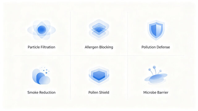 Light blue transparent protective vector icon, representing dust filtering, sensitivity resistance, and pollution resistance, suitable for promotional modules of protective fabric products.
