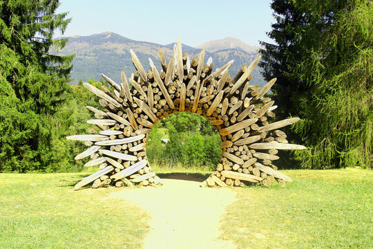 The land art installation titled 0121-1110=115075 by South Korean artist Jaehyo Lee at Malga Costa in Arte Sella, Borgo Valsugana, Italy - August 15, 2026