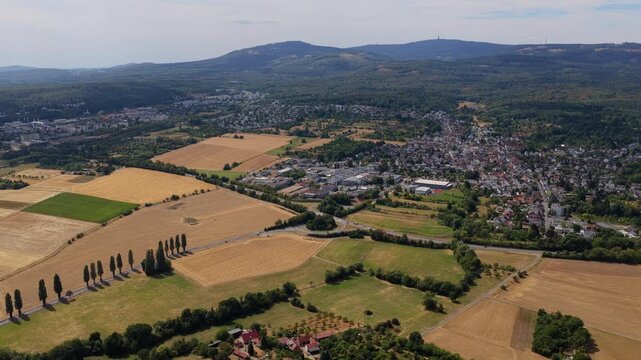 Near static aerial wide shot over summer fields and poplar row toward town edge and forested Taunus ridge in midday sun, Bad Homburg, Hesse, Taunus, Germany