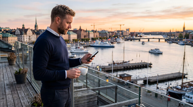 Handsome young professional man holding coffee cup and checking smartphone on rooftop terrace balcony overlooking scenic European waterfront harbour city and sailing boats at golden sunset