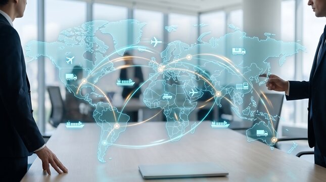 Business professionals interacting with glowing holographic world map showing global shipping and logistics routes in modern office workspace for supply chain management