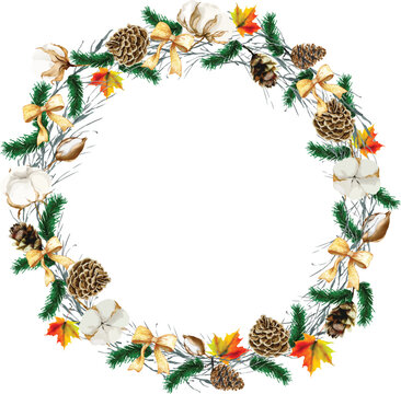 Christmas floral wreath with pine branches, pinecones, cotton flowers, maple leaves, and ribbon isolated on white background
